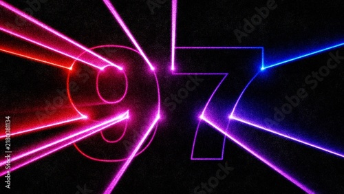 Neon laser number 97 with glowing light beams on dark background
