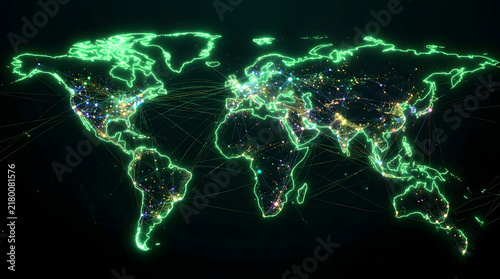 Abstract Colorful World Map Financial Data Connections Glowing Dots Dark Background Global