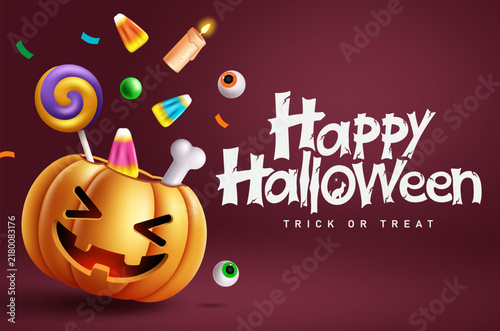 Happy Halloween Trick or Treat Pumpkin Spooky Party Clipart Background. Happy Halloween trick or treat design featuring a smiling jack o lantern pumpkin clip art with colorful candy corn, lollipop