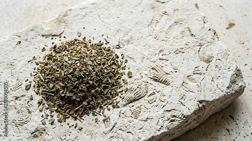 Dried Herbs Shown on Fossilized Stone Slab