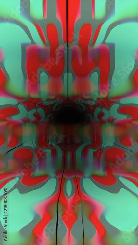 Abstract Dark Red Green Vertical Fluid Symmetry Liquid Marble Retro Psychedelic Background With Copy Space