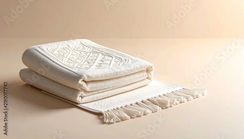 Folded White Towel with Decorative Pattern and Fringe | Home Textile Product