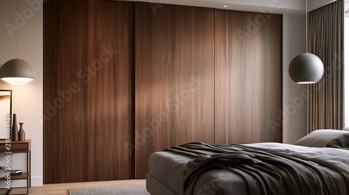 Modern Bedroom Interior Featuring Large Wooden Sliding Wardrobe Doors.