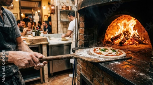A chef's hands sliding a pizza into a wood-fired oven using a long wooden peel, the pizza base dusted with flour. The flames are visible, the oven is hot. The background shows a Neapolitan pizzeria.