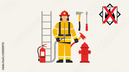 Professional Firefighter and Essential Safety Equipment Illustration for Emergency Response and Fire Prevention Services