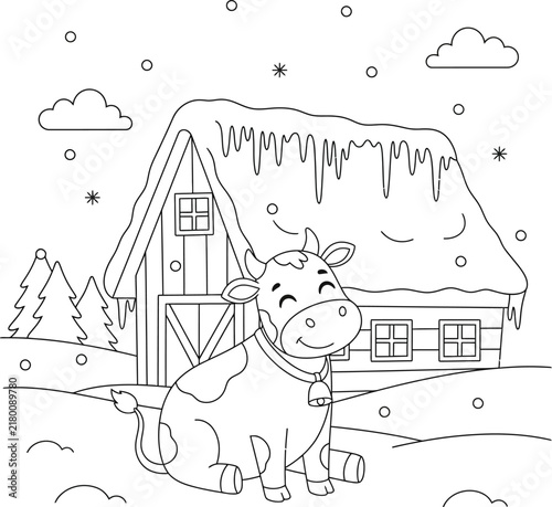 Cute Cartoon Giraffe in Snowy Winter Landscape, Farmhouse with Snow Covered Roof, Trees and Snowflakes, Children’s Coloring Page