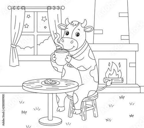 Cute Cartoon cow  Drinking Tea by Fireplace, Cozy Winter Home Scene with Table, Window and Fire, Children’s Coloring Page