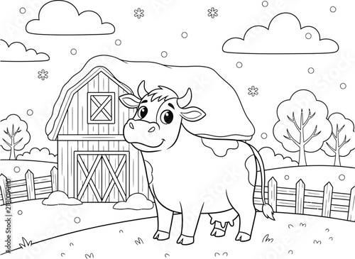 Cute Cartoon Cow Standing in Snowy Farm Landscape with Barn, Fence and Snowflakes, Winter Animal Coloring Page for Kids