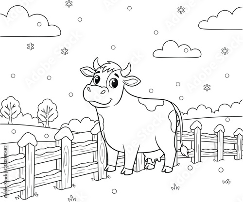 Cute Cow Standing in a Snowy Farm Landscape, Black and White Winter Animal Coloring Page with Snowflakes, Fence, Trees and Clouds, Printable Line Art