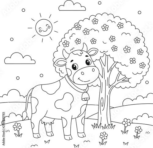 Cute Cow Standing Beside a Flowering Tree, Black and White Farm Animal Coloring Page with Smiling Sun, Grass, Flowers and Countryside Nature Scene