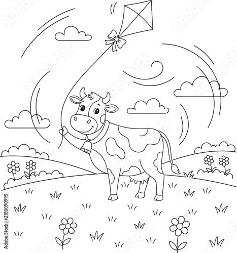 Cute Cow Flying a Kite in a Sunny Flower Meadow, Black and White Farm Animal Coloring Page with Clouds, Grass and Flowers, Fun Outdoor Line Art for Kids