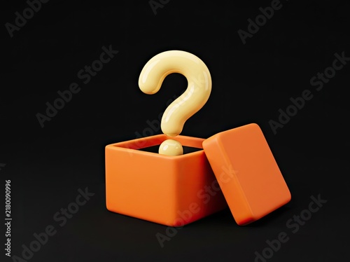Yellow question mark popping from open orange box suitable for business and marketing content symbolizing mystery curiosity and surprise answers