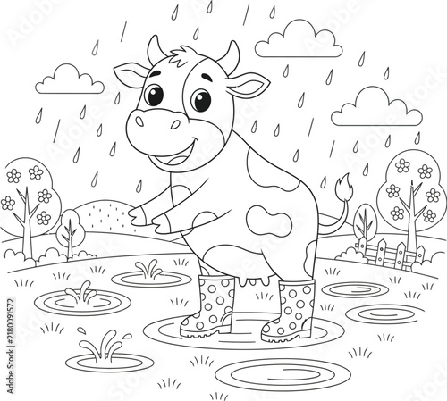 Cute Cow Wearing Rain Boots in a Rainy Meadow, Black and White Farm Animal Coloring Page with Puddles, Clouds, Trees and Raindrops, Fun Line Art