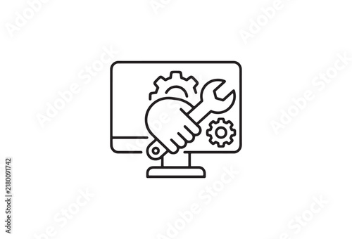 Minimalist computer repair icon, technical support symbol with wrench and gear, line art IT service vector for website UI design