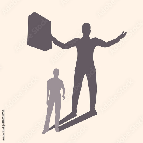 Happy businessman celebrates success standing with briefcase and rise his hands up. Concept of business development. Finance, economy, professional occupation, business and career. Casting shadow.