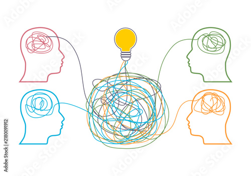 From a problem to a business solution. Connected human heads. Social network and business communication. Productivity and effectiveness, intelligence and knowledge development with brain performance.