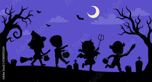 Excited children in Halloween costumes trick or treating on a spooky night with a crescent moon and flying bats