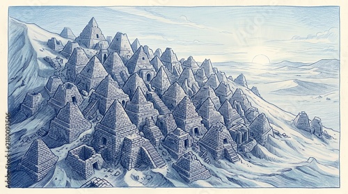Expansive field of small stone pyramids under bright sun.