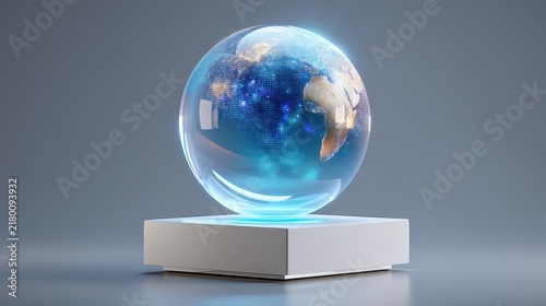 Glowing Digital Crystal Earth Globe on White Pedestal Display with Clean Background