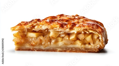 Slice of Apple Strudel with Golden Pastry Crust Isolated on White Background