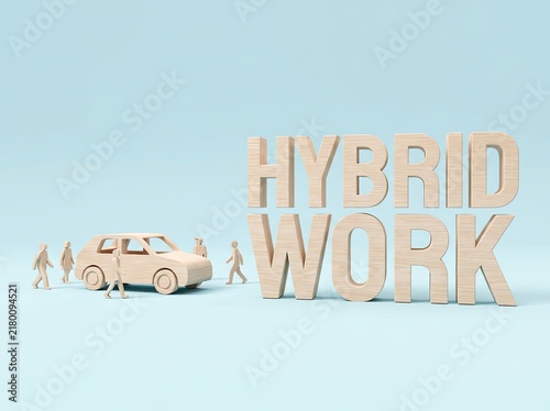 Wooden letters forming hybrid work text near toy car and people figures ideal for corporate HR media symbolizing flexible work models
