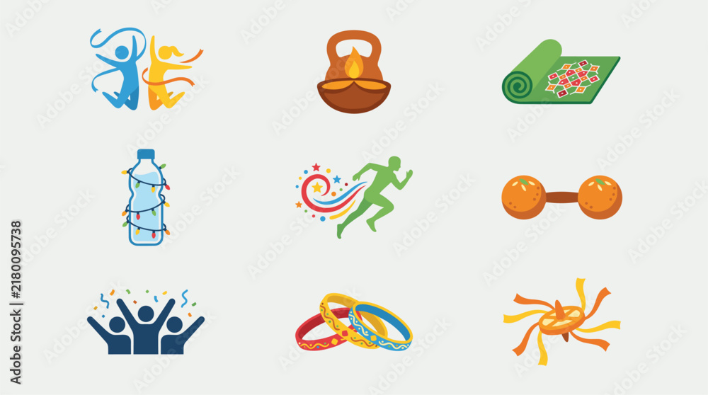 Obraz premium Flat design icon set for joyful festival and celebration themes, including people, running, and lights
