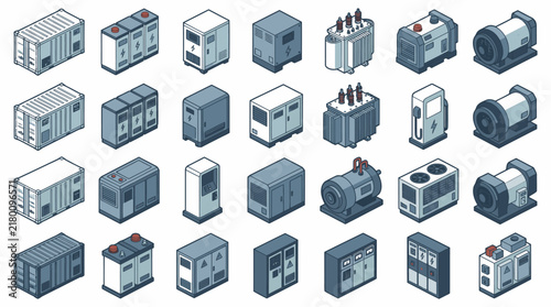 Clean Isometric Collection of Industrial Electrical Equipment and Power Devices in Blue Grey and White Color Scheme