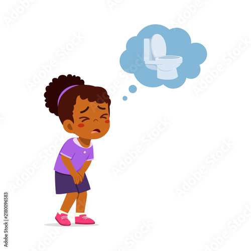 Young Black girl urgently needing to use toilet feeling uncomfortable holding crotch with a thought bubble