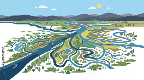 Quadro su tela Vector illustration of a river delta landscape with meandering streams