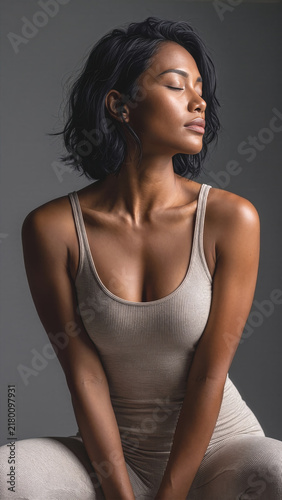 Serene Woman with Glowing Skin, Eyes Closed in Peaceful Moment, Natural Beauty and Wellness Portrait on Dark Background