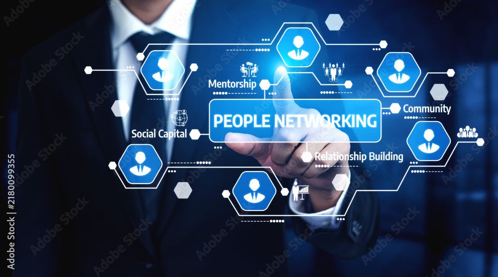 Obraz premium A business professional interacts with a digital interface showcasing various networking concepts like mentorship and community to highlight the importance of building relationships. Tessel