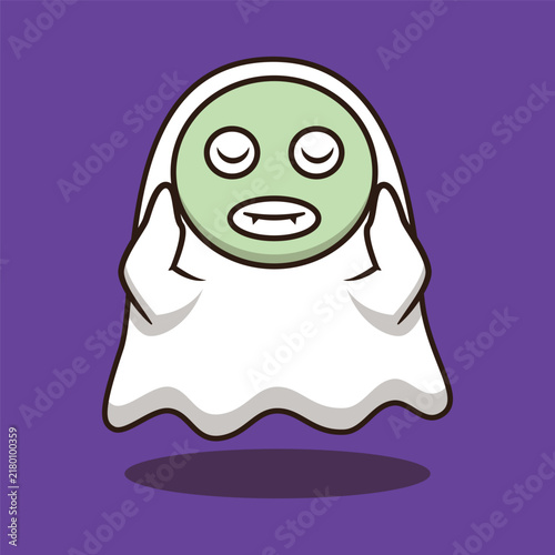 Cute little ghost wearing green facial mask character halloween cartoon vector illustration