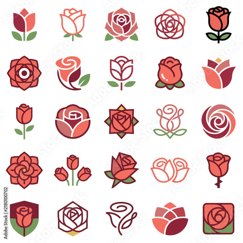 Collection Of Rose Flower Icons, Vector Graphics, Isolated On White