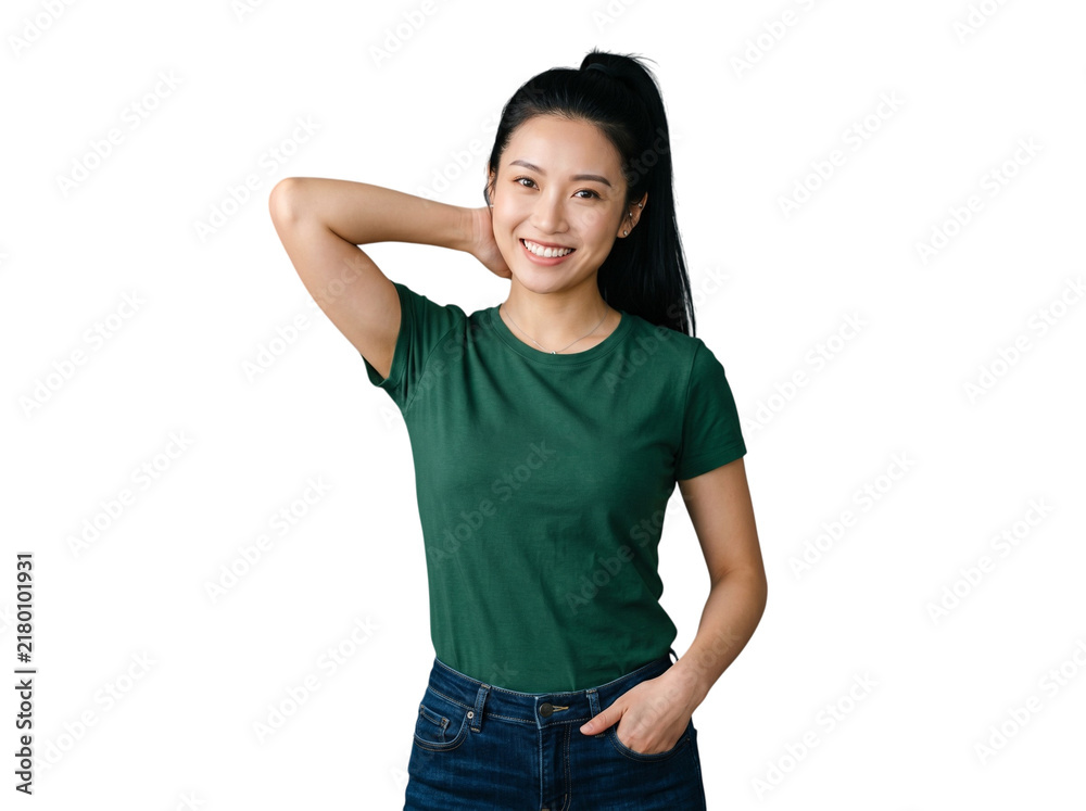Obraz premium Smiling Asian woman holding hand behind neck in casual pose