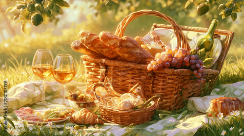 Charming picnic setting featuring baskets filled with fresh bread cheese fruits and wine surrounded by a bright sunny meadow