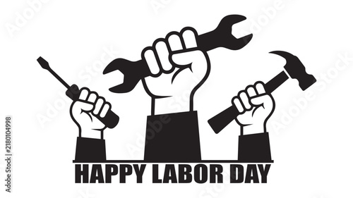 Happy Labor Day Typography with Construction Workers and Tools Silhouette Vector