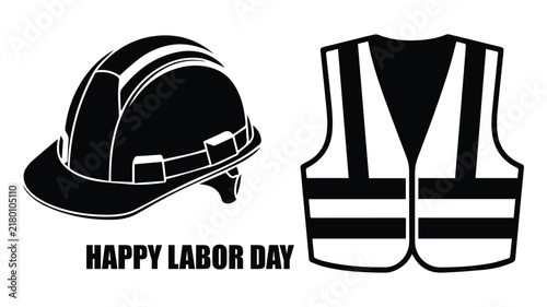 Happy Labor Day Typography with Hard Hat and Worker Uniform Vector