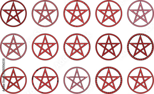 Quadro su tela Set of red pentagram and inverted pentacle icons featuring gothic, occult-inspir