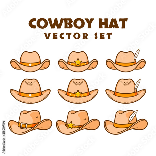 Cowboy hat vector set featuring nine western hats with sheriff stars, feathers and buckles. Classic wild west illustrations isolated on white for western themed designs.