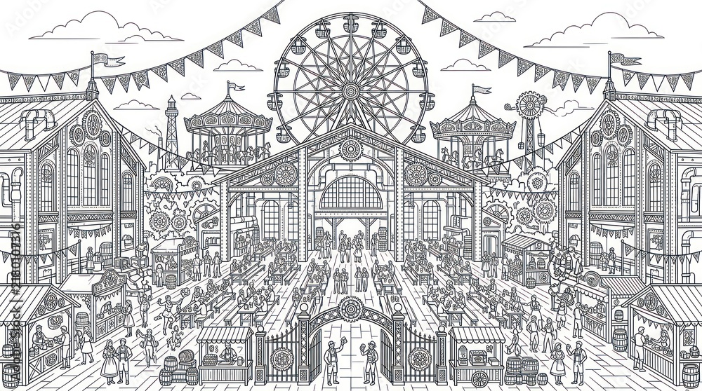 Obraz premium Intricate carnival coloring page featuring ferris wheel and stalls