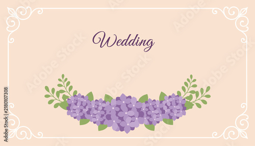 Elegant wedding invitation card design decorated with purple hydrangea flower bouquet and delicate corner frame patterns.
