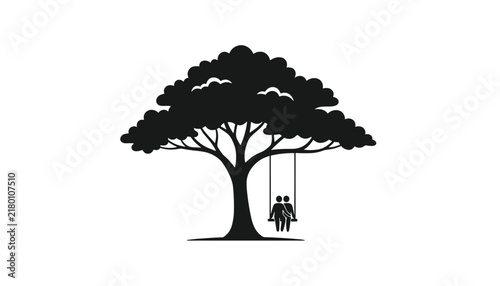 Silhouette of large oak tree with couple sitting on swing, representing love, romance, family, and peace vector.
