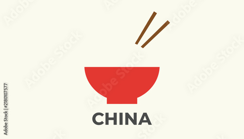 Chinese food culture concept showing red rice bowl and wooden chopsticks with China text on cream background vector.