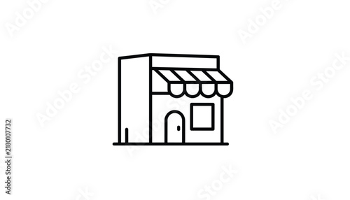 Small shop building line icon with striped awning, representing boutique retail business, grocery, or local market.