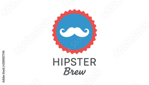 Hipster brew label featuring classic white mustache inside red and blue stamp icon on white background vector.