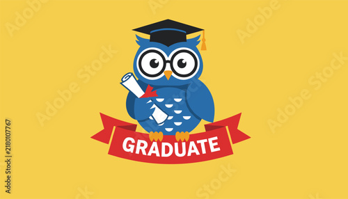 Cute graduate owl cartoon character wearing mortarboard cap and holding diploma scroll on yellow background.