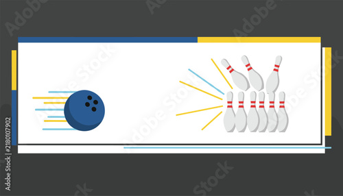 Blue bowling ball striking pins with motion lines, vector illustration representing sport game competition.