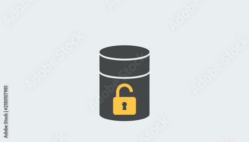Database security concept showing black data storage cylinder with yellow open padlock icon on grey background.