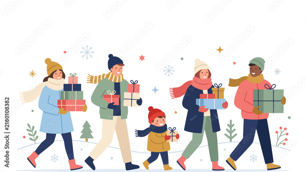 Fototapeta premium Diverse family and friends walking with wrapped holiday gifts on a snowy street.