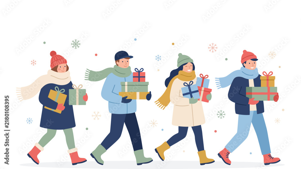 Naklejka premium Group of friends walking outdoors carrying wrapped holiday gifts.
